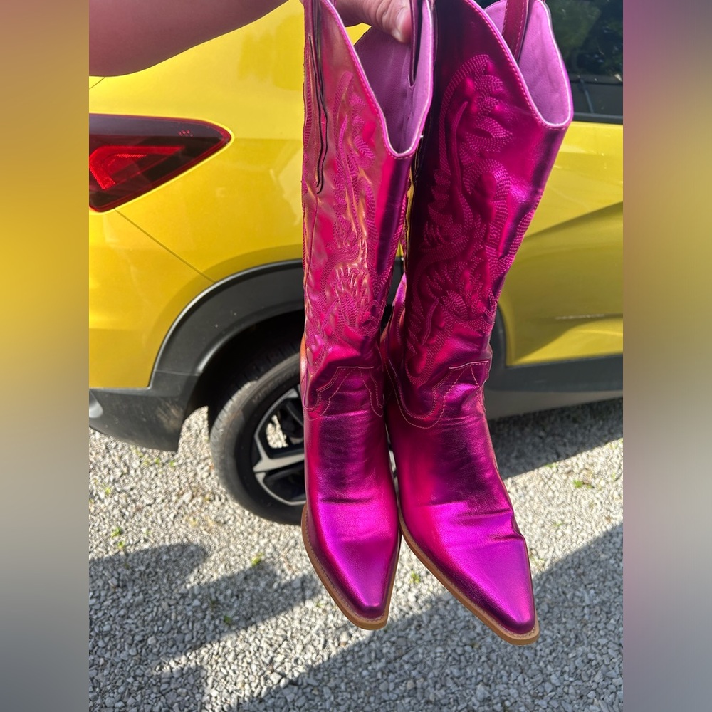 NBW out except around the house metallic Pink cowboy boots!